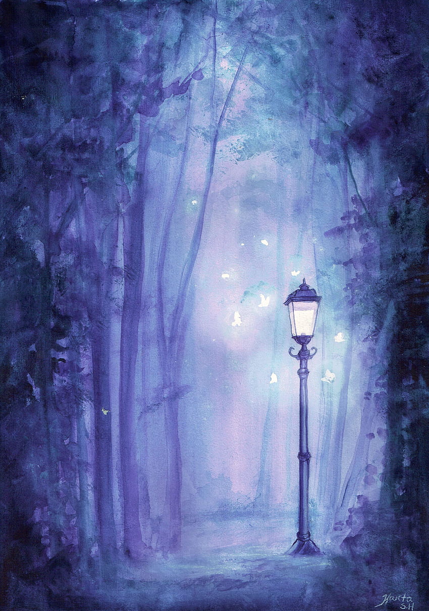 Lampadaire forestier. Aquarelle sur papier 180 g/m², lanterne éclaire la forêt du soir Fond d'écran de téléphone HD