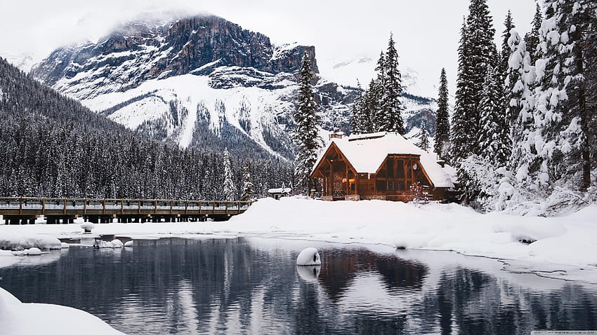 Rustic Cottage, Lake, Mountain, Winter, Snow Ultra, winter cabins HD wallpaper