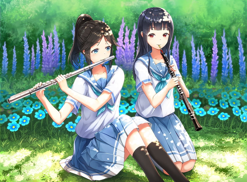 2girls green hibike! euphonium instrument kasaki nozomi liz to aoi tori lunacle yoroizuka mizore HD wallpaper