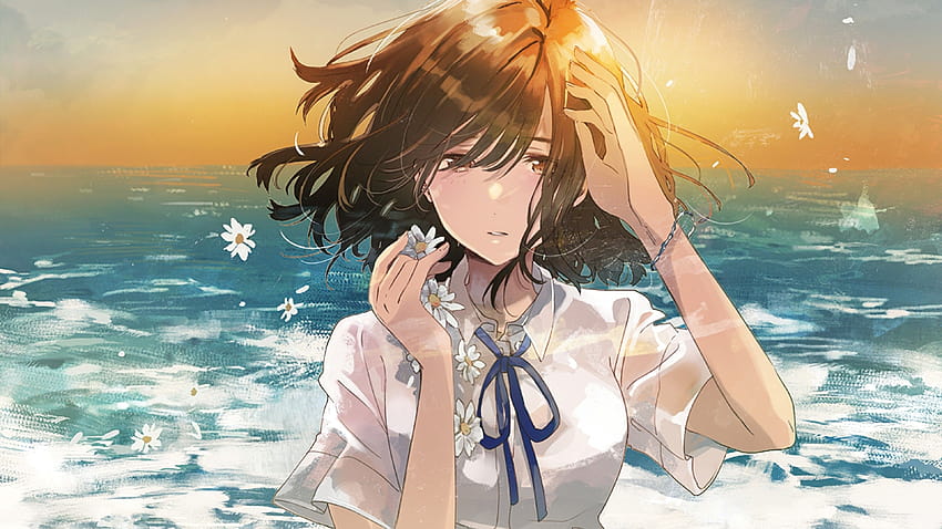 3840x2160 Anime-Mädchen, trauriger Ausdruck, Ozean, Horizont, Sonnenuntergang, kurzes braunes Haar für U-TV, braunes Haar des Mädchens HD-Hintergrundbild