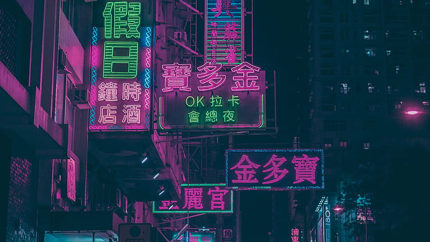 3840x2160 Nachtstadt, Schilder, Neon, Straße, Hieroglyphen, Reflexion, Hongkong U 16:9 Hintergründe, Beschilderung HD-Hintergrundbild