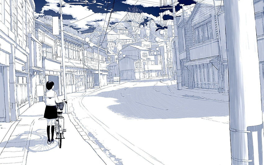 선택적 채색, 하늘, 자전거, 도시 풍경, 애니메이션 소녀, 그린 / 및 모바일 및 HD 월페이퍼