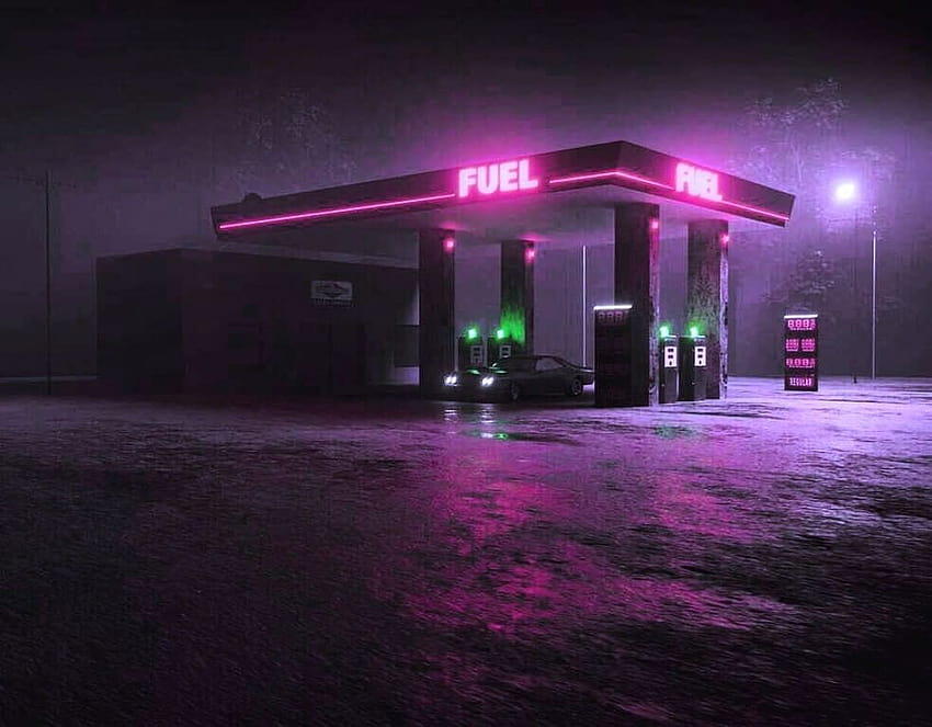 Stazione di servizio olio combustibile neon rosa synthwave nuova onda retrò outrun, gas neon Sfondo HD