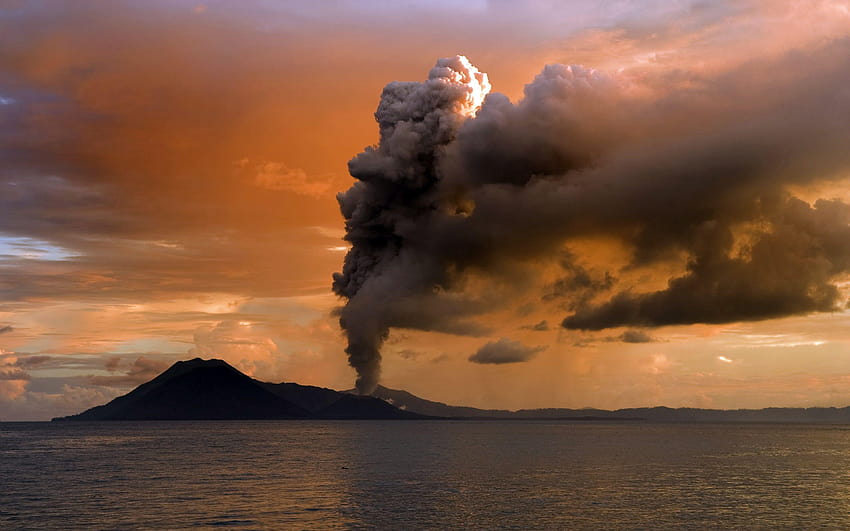 вулкан, пейзаж, облаци, залез, море, изригване, папуа нова гвинея HD тапет