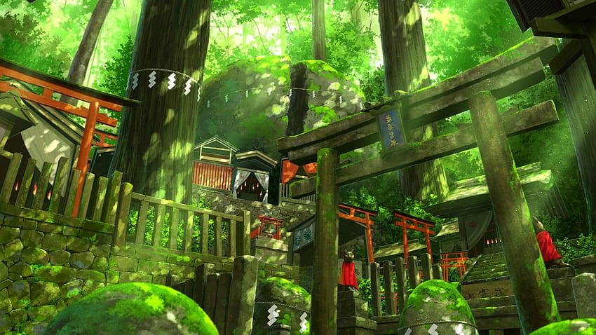 2560x1440 Anime Landscape, Shrine, Forest, Stairs, Green Environment for iMac 27 inch, green anime scenery HD wallpaper