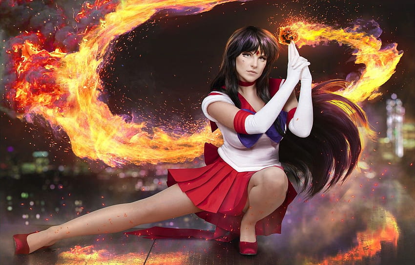 fire, flame, long hair, woman, big, anime, night, power, anime fire power HD wallpaper