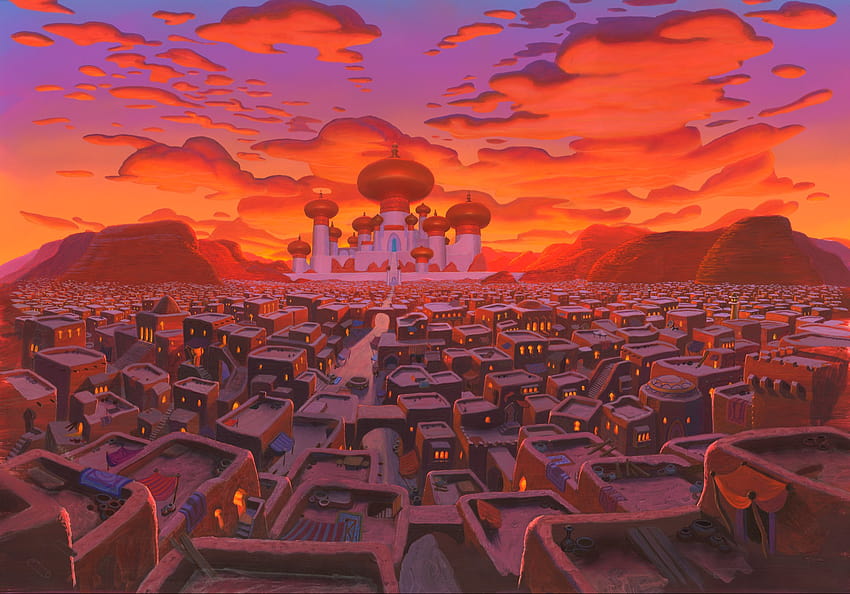 Konzeptkunst für Agrabah aus Disneys Aladdin, Jasmin tanzt im Sonnenuntergang in der Wüste HD-Hintergrundbild