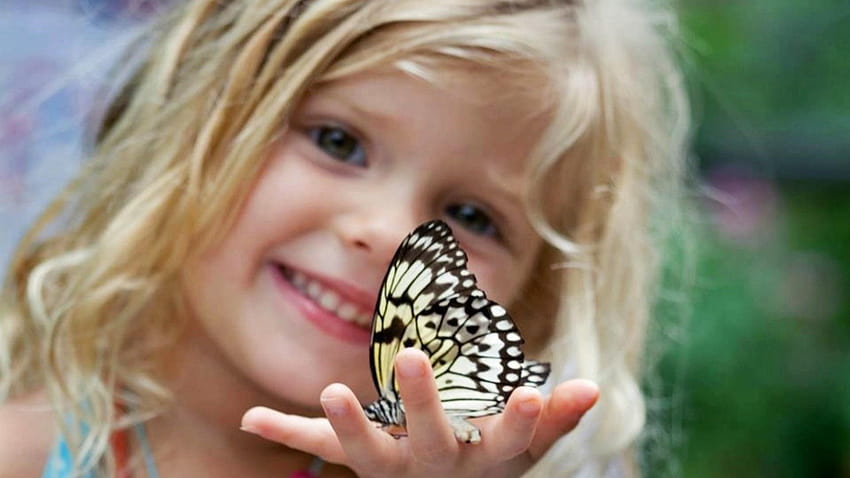 women, smiling, little girl, butterflies ::, women with butterfly HD wallpaper