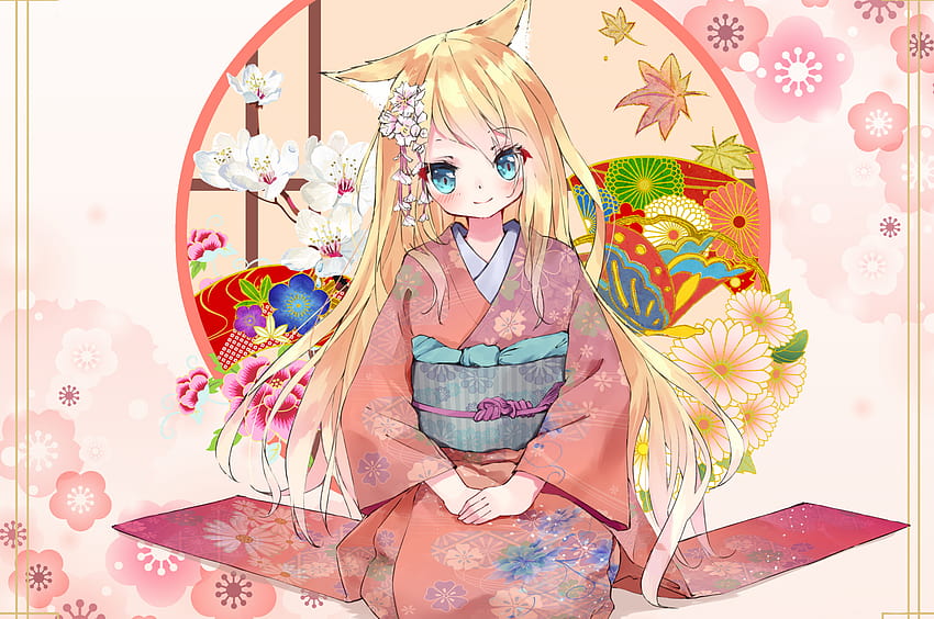 2560x1700 Gadis Kucing Anime, Nekomimi, Pirang, Kimono, Imut Wallpaper HD