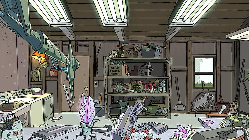 Tła Ricka i Morty'ego dla Zoom i Teams, garaż Ricka i Morty'ego Tapeta HD