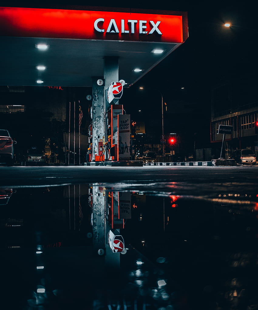 : red, night, sky, building, urban area, electronic signage, font, city, architecture, neon sign, reflection, graphy, glass, midnight, business, darkness, metal, advertising, restaurant 3416x4109, neon gas station HD phone wallpaper