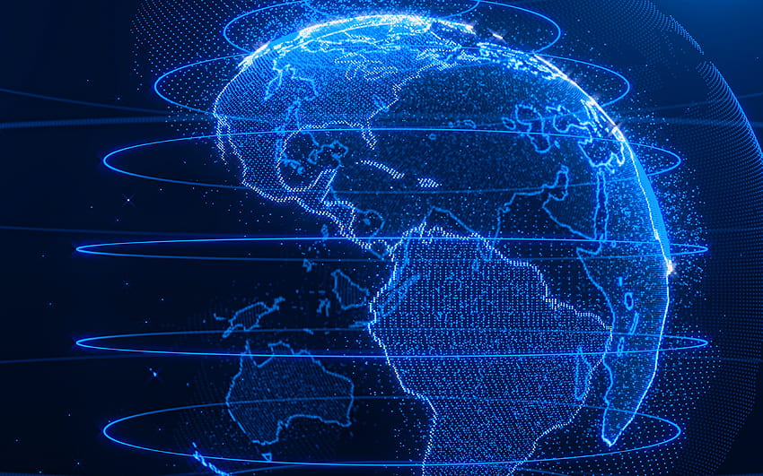 青いネオン地球、ネオン デジタル技術の背景、北アメリカ、南アメリカ、青いネオンの世界地図、デジタル技術、デジタル青の背景、解像度 3840 x 2400 のネットワークの概念。 高品質、 高画質の壁紙