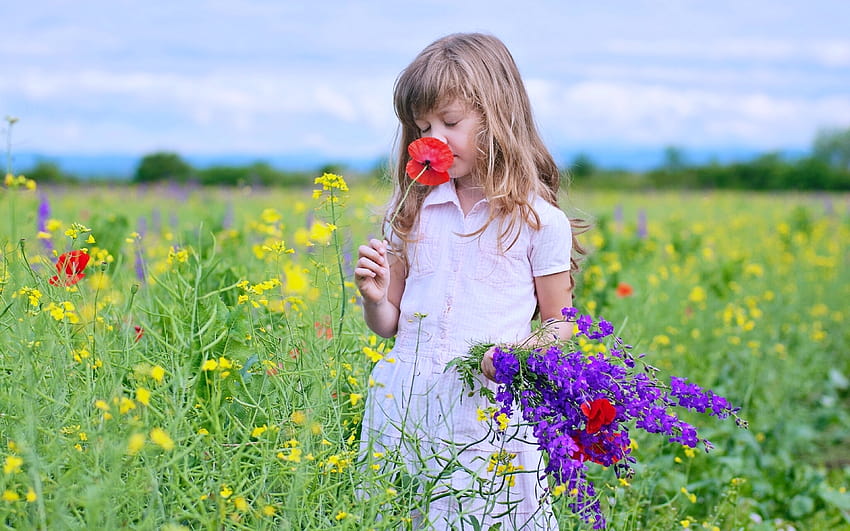 Kids children nature landscapes flowers fields spring joy fun, spring for children HD wallpaper