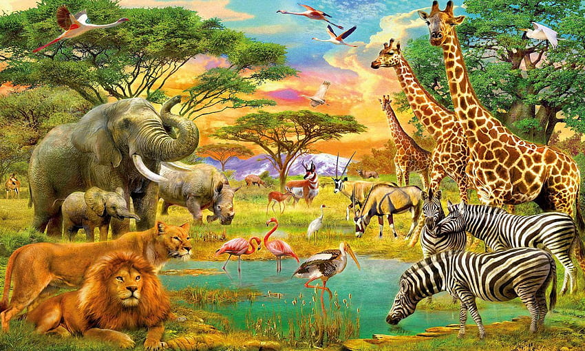 African Animals Jungle Lion Zebra Giraffe Elephants Flamingo Art, jungle animals HD wallpaper