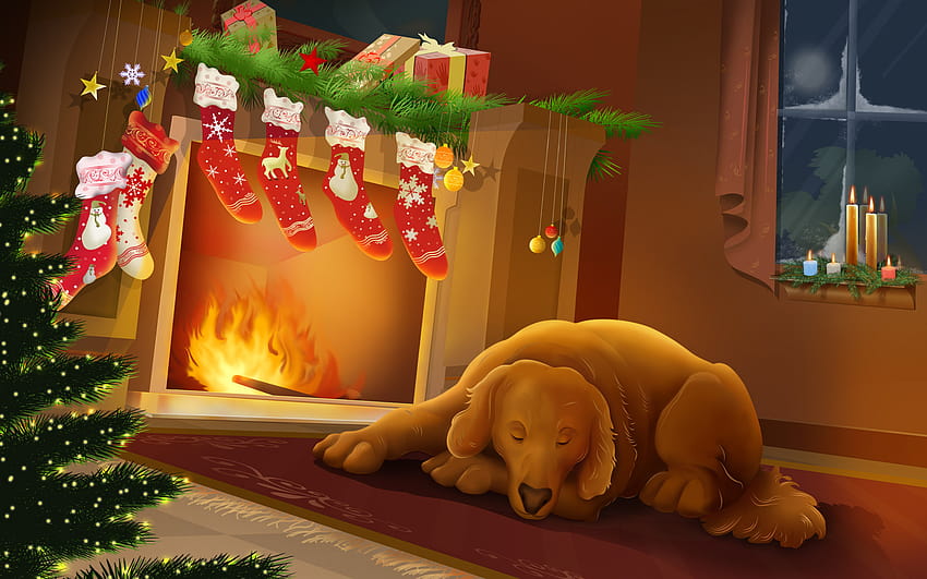 Dog Fireplace Christmas, christmas tree fire place HD wallpaper