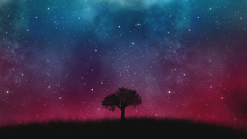 星空、夜、孤独な木、銀河、コスモス 高画質の壁紙