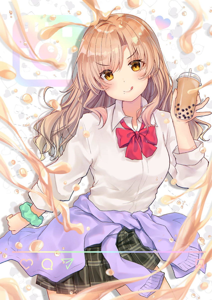 Anime girls drinking bubble tea, cute anime girl drinking boba HD phone wallpaper
