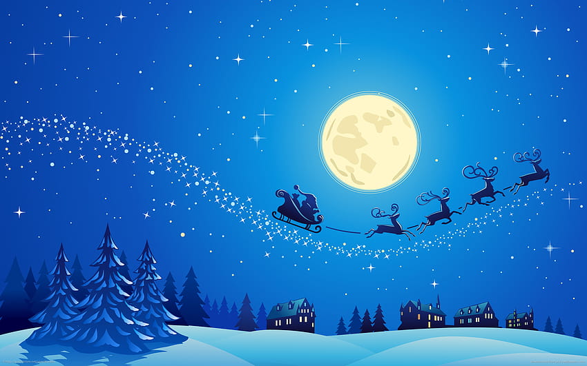 Christmas Eve Santa Claus Raindeer Sleigh Moon, starry night santa claus HD wallpaper