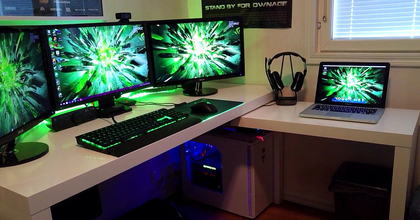 Green Black White Gaming Setup, gaming computer table HD wallpaper