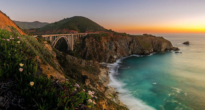 Beach bridge california cliff Coast Hills landscape nature, sea cliff bridge HD wallpaper