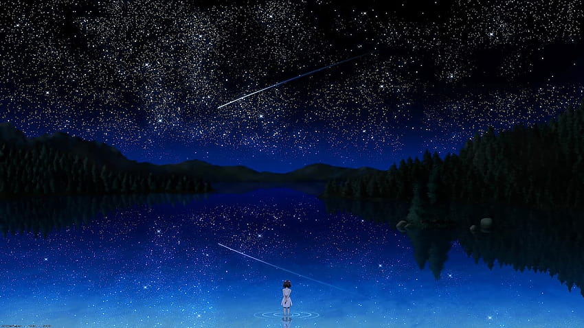 Anime Night Sky Stars Lake Landscape Scenery PC, อะนิเมะกลางคืนแบบมุมกว้างพิเศษ วอลล์เปเปอร์ HD