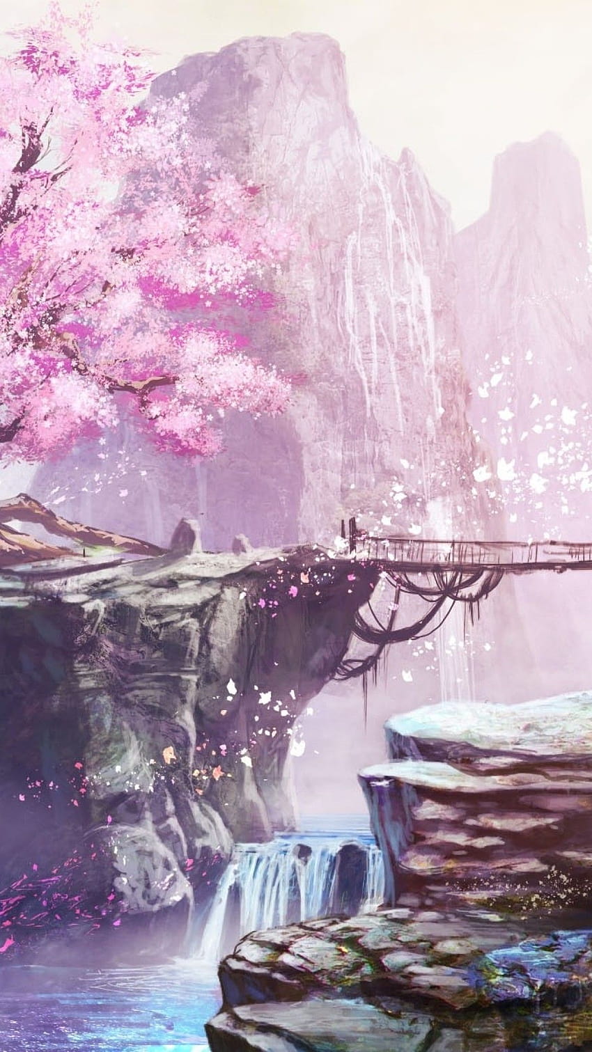 Anime Manzarası, Kiraz Çiçeği, Köprü, Şelale, anime kiraz çiçeği manzarası HD telefon duvar kağıdı