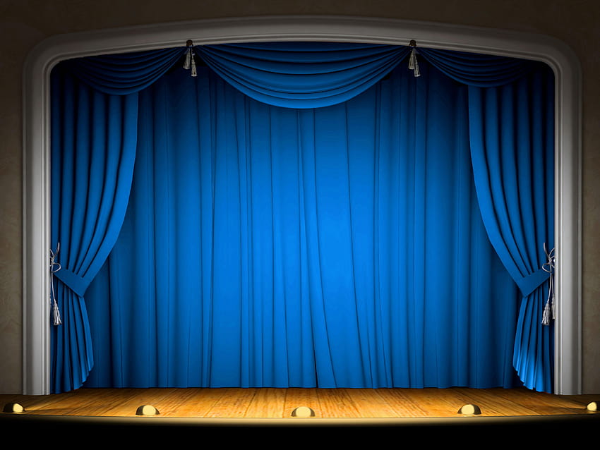 Сцена с фонове на сини завеси, сценични завеси HD тапет