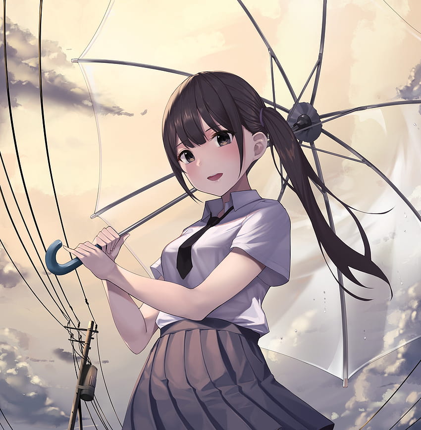 2543x2598 Anime Girl, guarda-chuva transparente, cabelo castanho, rabo de cavalo feminino Papel de parede de celular HD