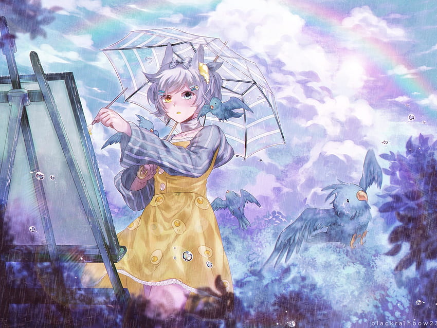 2048x1536 Anime Girl, Raining, Animal Ears, Rainbow, Birds, Gray Hair for Ainol Novo 9 Spark, rainbow anime girl HD wallpaper