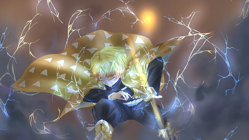 Demon Slayer Zenitsu Agatsuma Memiliki Pedang Dengan Latar Belakang Cahaya Kuning Dan Petir Anime, light sword Wallpaper HD