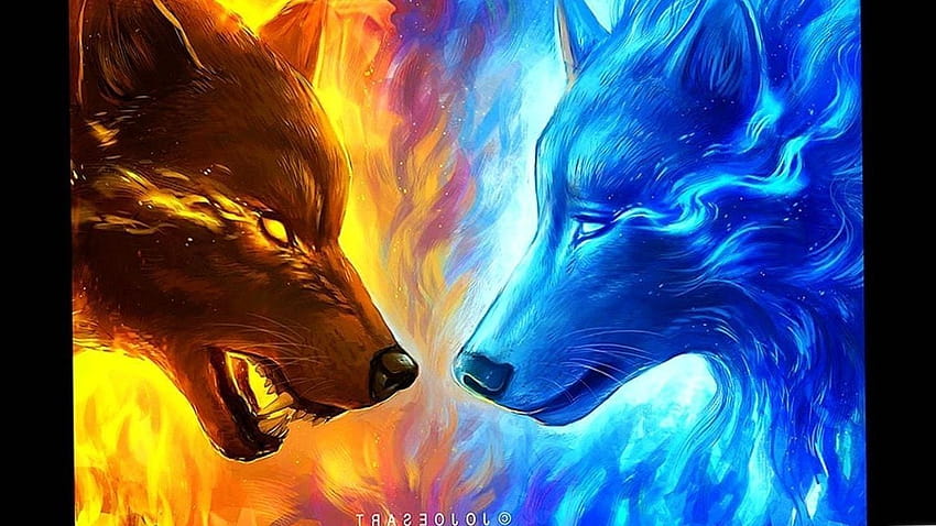 Loup de feu, anime rouge et bleu de feu et de glace Fond d'écran HD