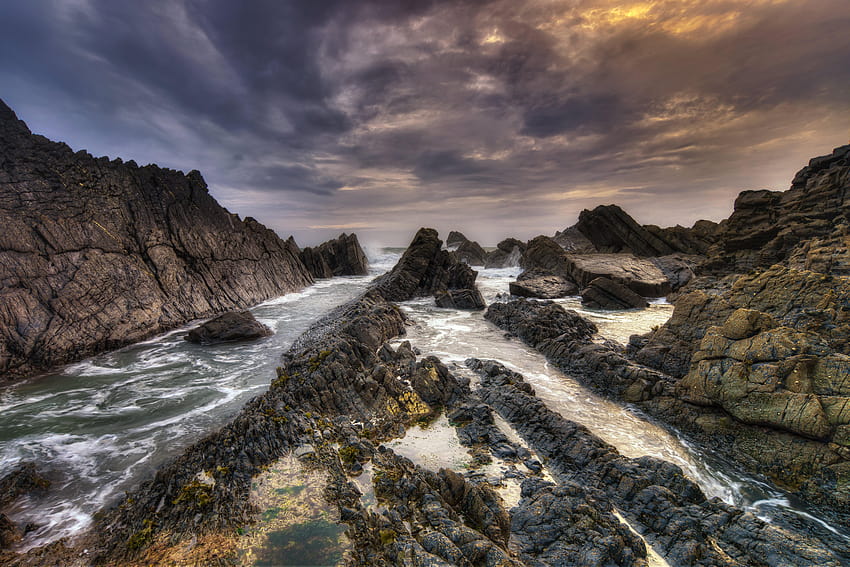 Brown and black stone formation on body of water, hartland, hartland quay rocks HD wallpaper