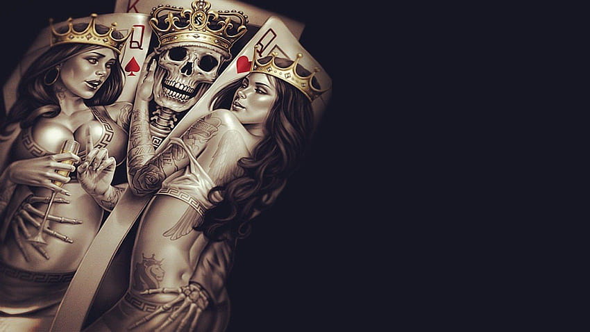 rei rainha coroa pôquer tatuagens caveira ossos esqueleto xícara sedução, rei e rainha papel de parede HD