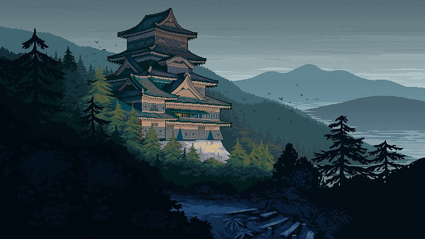 Пиксел арт, замък, Япония, планина, пиксел арт • За вас за и мобилни устройства, 8-битова Япония HD тапет