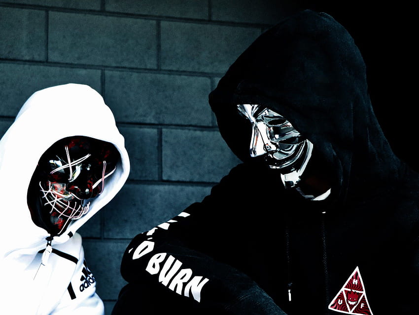 Persons in Mask , Sweatshirt, Black Mask, Anonymous, White, Black, Hoodie, graphy, hacker neon mask HD wallpaper
