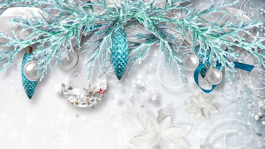 ฤดูหนาว: Aqua Frost ดอกไม้เย็น Snow Poinsettia Navidad ของประดับตกแต่ง ต้นซีดาร์คริสต์มาส วอลล์เปเปอร์ HD