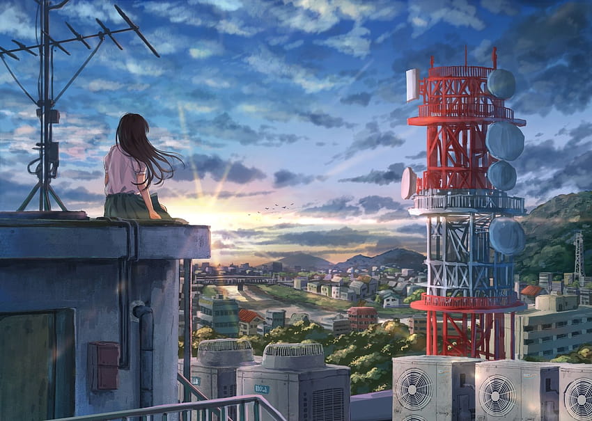 building city k ryo original rooftop scenic sunset, rooftop sunset anime HD wallpaper