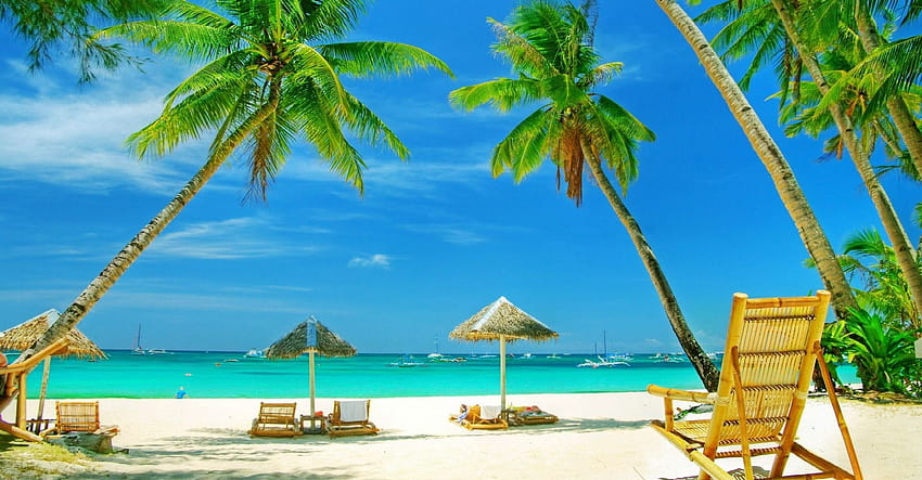 palmiers, mer, bateaux, vacances, beau, plage, sable blanc, tropical, chaises, parasols, voyage, été, paradis ::, paradis d'été Fond d'écran HD
