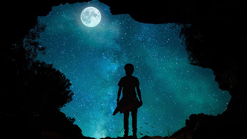 Nacht, Himmel, Mond, entspannt, Outdoor, Kind, ästhetischer Nachtmond HD-Hintergrundbild