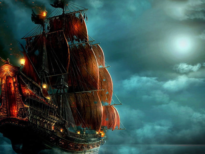 Czarno-czerwony statek piracki, piraci, noc, żaglowiec • Dla Ciebie, piracka łódź Tapeta HD