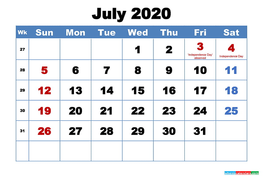 July 2020 Calendar HD wallpaper