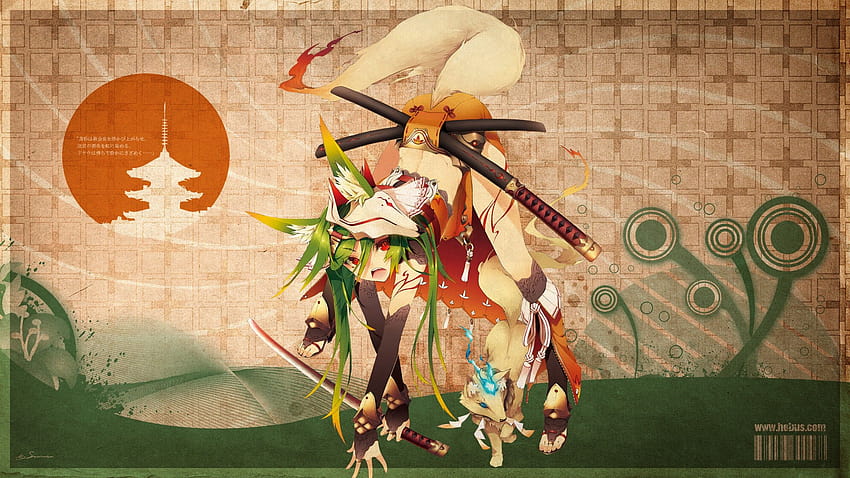 문신, 꼬리, 전투기, 카타나, 여우, 긴 머리, 무기, 구부러진, 마스크 kitsune 애니메이션 소녀 HD 월페이퍼