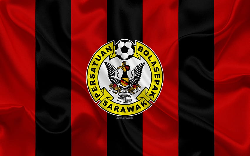 Sarawak FA, logo, silk texture, Malaysian football club, red black silk flag, Malaysia Premier League, Sarawak, Malaysia, football with resolution 3840x2400. High Quality HD wallpaper