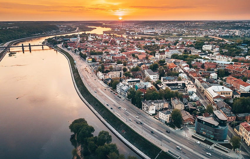sunset, the city, Lithuania, Kaunas HD wallpaper