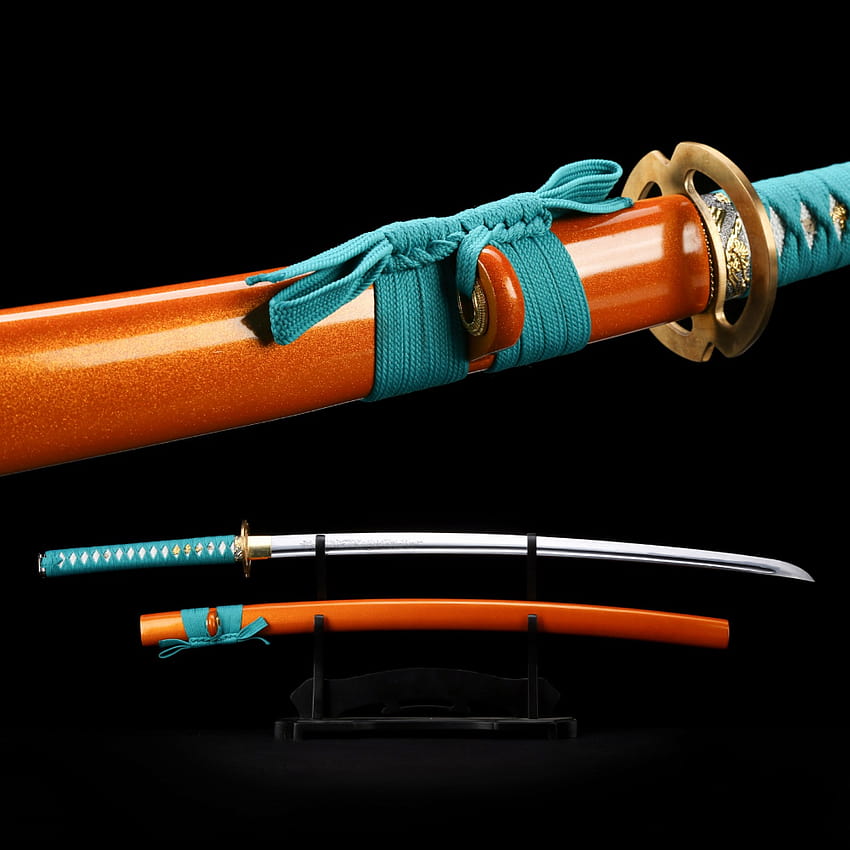 Lama per intaglio laser fatta a mano giapponese Samurai Sword Katana con fodero arancione Sfondo del telefono HD