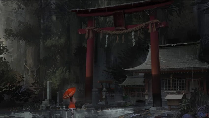 Japan, Touhou, rain, storm, shrine, umbrellas, torii gate :: HD wallpaper
