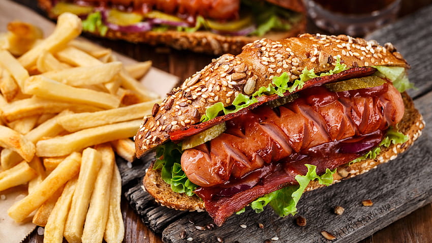 Hotdog with sausage and bacon on the table with french fries and, fries and bacon HD wallpaper