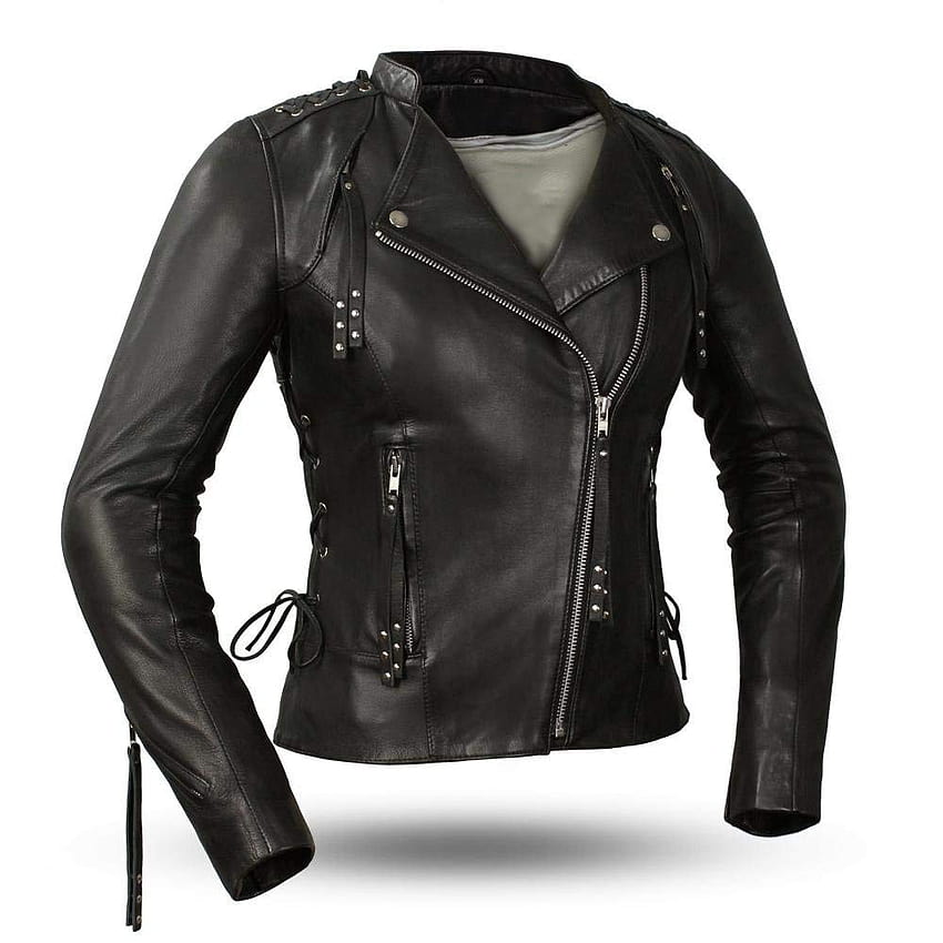Jaqueta feminina preta de couro legítimo para motocicleta feminina clássica Papel de parede de celular HD