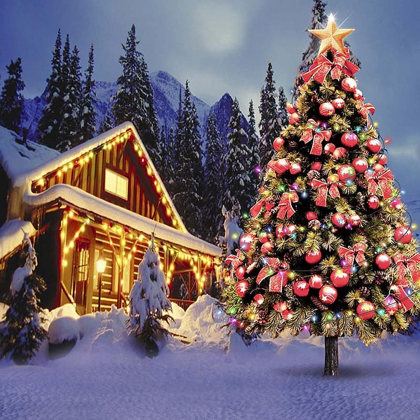 2020 Outdoor Winter Snow Scenery Christmas Village Houses graphy Tło Vinyl Digital Printed Xmas Tree with Red Balls Backgrounds from Backdropstore, 19,94 $, choinka na zewnątrz zima Tapeta na telefon HD