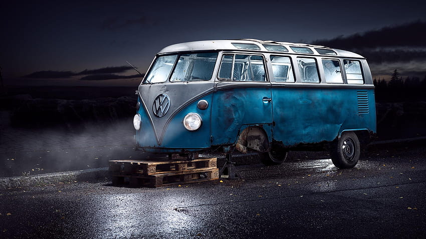 Blue Volkswagen Kombi, dark, Volkswagen, blue, vehicle, mobil vw combi retro HD wallpaper